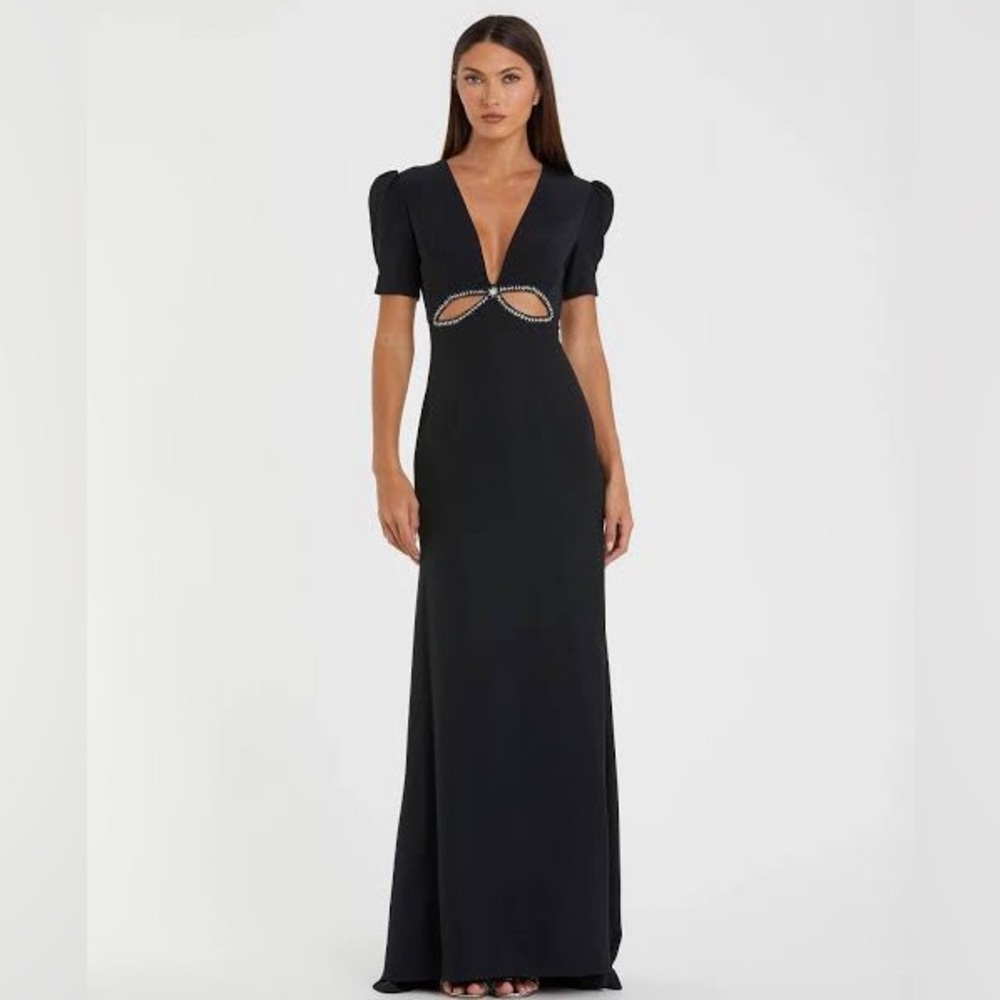Mac Duggal Puff Sleeve Embellished Cut Out Evening Gown